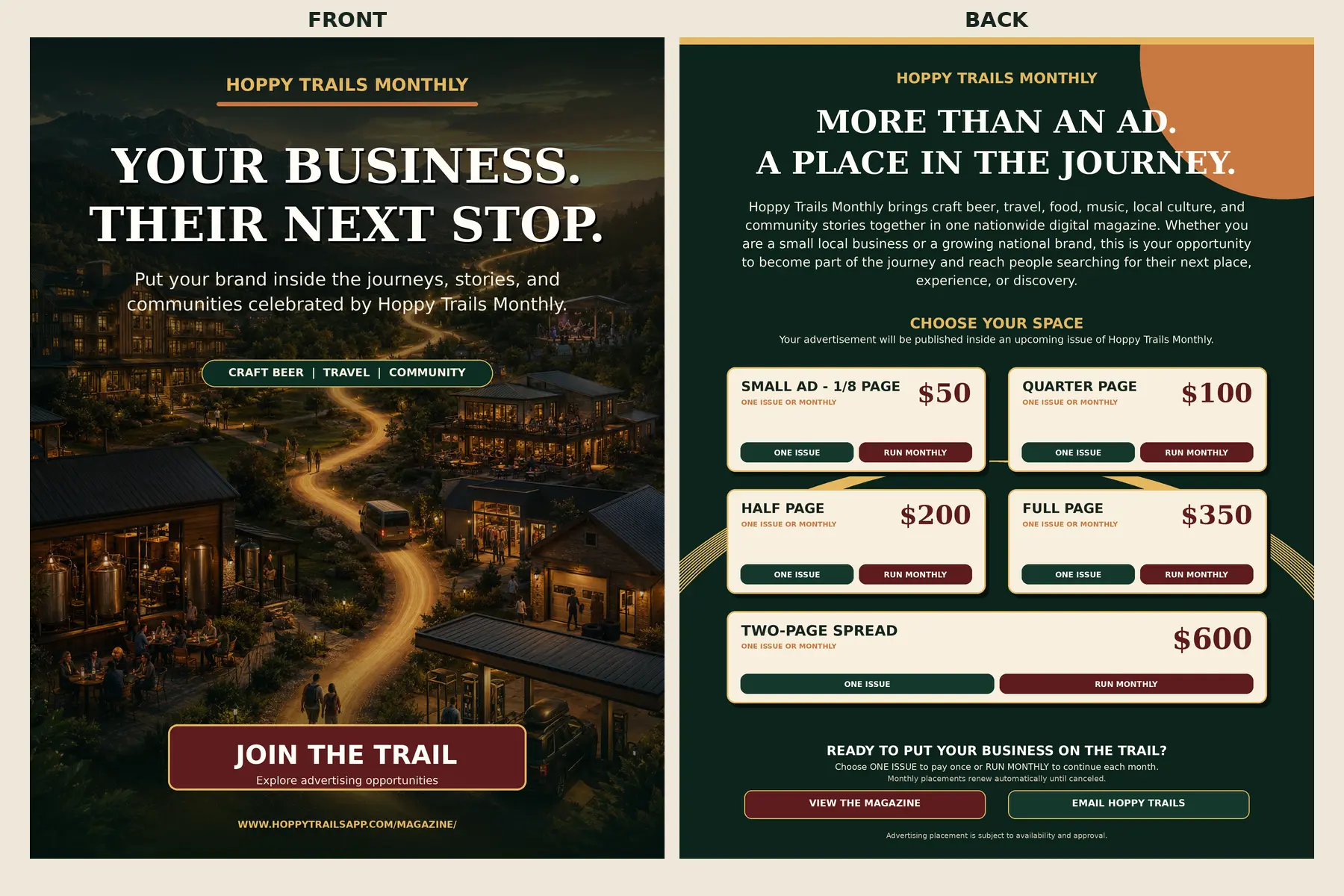 Front and back of the Hoppy Trails LLC Monthly advertising outreach flyer with one-issue and monthly advertising options.